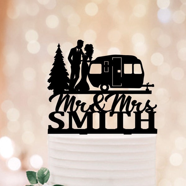 Family Caravan Wedding Cake Topper, Outdoor Camping cake topper, Camping Caravan Wedding Cake Decor, Bride Groom At The Forest Topper