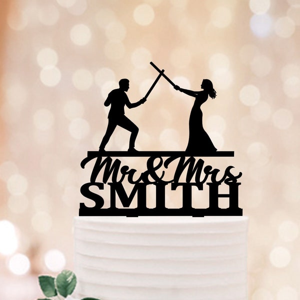 Space Inspired Bride And Groom Wedding Cake Topper, Lightsaber Cake Topper, Mr Mrs Sword Fighting Wedding Cake Topper, Fencing Topper Themed