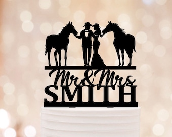 Horse Wedding Cake Topper, Cowboy Couple Riding Mr and Mrs Topper, Couple and Horses Western Cake Topper, Personalized Ranch Wedding Topper