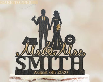 Wooden Custom Car Mechanic Wedding Cake Topper, Personalized Names & Date, Nikkah Cake Topper