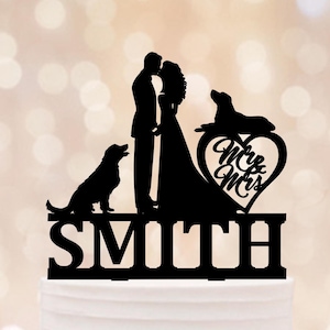 Couple Wedding Cake Topper with Dogs Bride and Groom Silhouette Cake decoration Custom Cake toppers for wedding Laser Cut Acrylic cake toppe