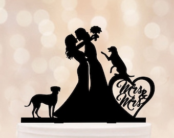 Adorno para tarta de boda de señora y señora lesbianas con perro, silueta de pareja de novios con perro, adorno personalizado para pareja de novios lesbianas