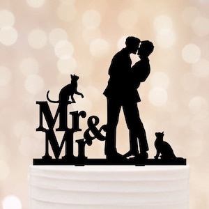 Gay Wedding Topper, Mr and Mr Topper With Two Cats, Two Grooms wedding Topper, 2 men Wedding Cake Topper, Gay couple cake topper with pets