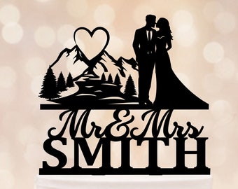 Mountain Wedding Cake Topper, Hiking Cake Topper, Outdoor wedding Topper, Bride and Groom Topper with Mountains,Mr and Mrs Silhouette Topper
