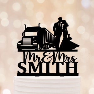 Truck Wedding Cake Topper, truck driver cake toppers, Trucker groom wedding cake decoration, Couple and truck silhouette wedding topper