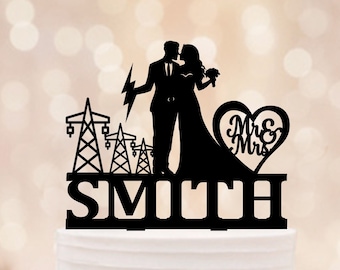 Personalized Electrician Wedding Cake Topper, Lineman Cake Decor, Bride and Groom Wedding Cake Sign