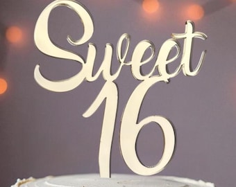 Mirror Gold Sweet 16 Acrylic Cake Topper, Sweet Sixteen Cake Toppers, 16th Birthday Cake Decoration, Happy Sweet 16 party cake