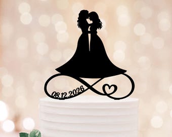 Zwei Bräute Hochzeit Acryl Cake Topper, Personalisierte Lesben Paar Silhouette Hochzeitstag Tortendekoration aus Holz