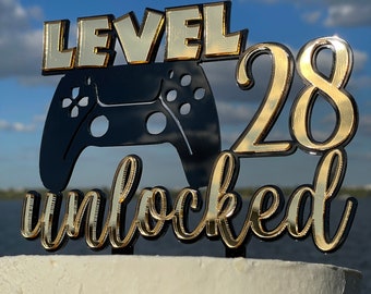 Gamer Birthday Cake Topper, Video Game Cake Topper Birthday, Level Unlocked Cake Topper With Age, Topper For Gamer, Mirror Gold Age Topper
