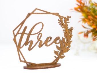 Hexagon Wood Wedding Table Numbers, Laser Cut Floral Table Sign