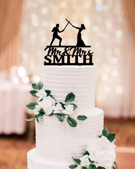 Space Inspired Bride and Groom Wedding Cake Topper Lightsaber