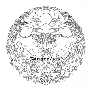 Puede incluir: Ilustración en blanco y negro de dos pájaros enfrentados, rodeados de elementos florales y celestiales. La imagen incluye el texto "EMERLYE ARTS®" en la parte inferior, y una escena de sol y montaña.
