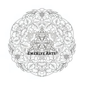 Puede incluir: Diseño de mandala floral en blanco y negro con el texto "EMERLYE ARTS" en la parte inferior. El mandala presenta patrones detallados de flores y hojas dispuestos en una composición circular, para colorear.