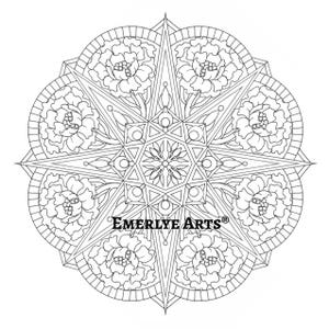 Puede incluir: Diseño de mandala en blanco y negro con patrones florales y geométricos. El diseño central incluye una forma de estrella rodeada de elementos florales detallados y formas geométricas. El texto "EMERLYE ARTS" está en la parte inferior.