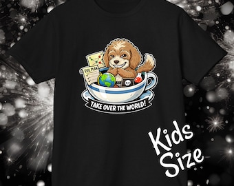 Evil Grinning Labradoodle In Teacup Plotting To Take Over The World T-Shirt | Pet Dog Cartoon Graphic Villain Art Gildan 5000B Kids Tee