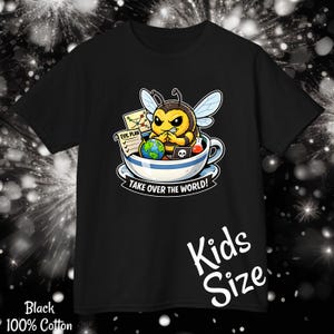 Evil Grinning Bee In Teacup Plotting To Take Over The World T-Shirt | Whimsical Insect Cartoon Graphic Villain Art Gildan 5000B Kids Tee