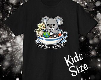 Evil Grinning Koala In Teacup Plotting To Take Over The World T-Shirt | Whimsical Comical Cartoon Graphic Villain Art Gildan 5000B Kids Tee