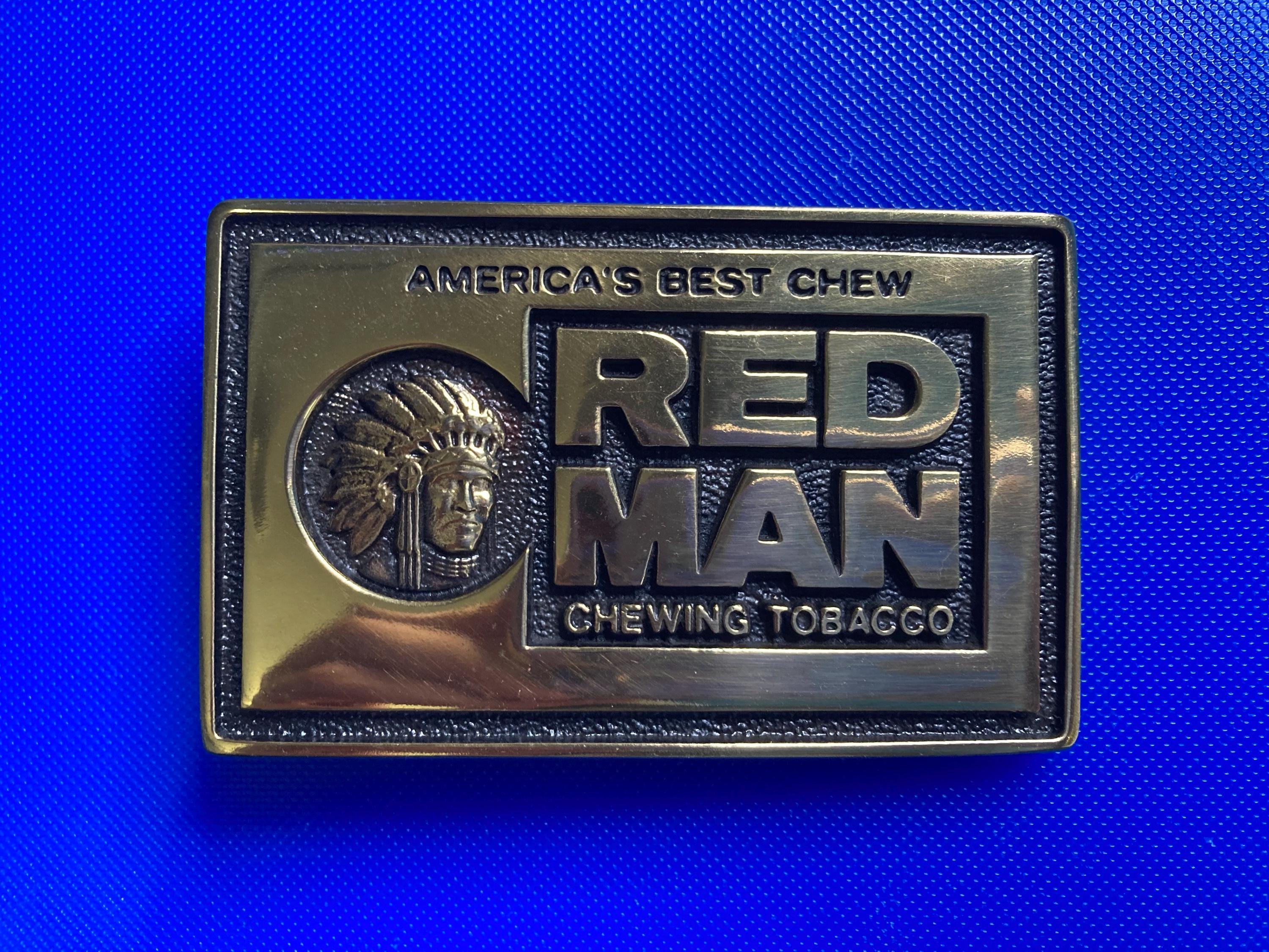 Vintage Red Man Chewing Tobacco Brass Belt Buckle & Handmade Leather Belt 1983