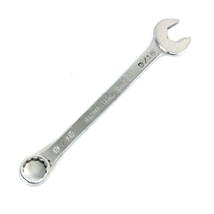 May include: A silver-colored combination wrench with a polished metal finish. The tool features an open-end on one side and a box-end on the other. The text 9/16 is stamped on both ends, and the brand name SABINA MAC is engraved on the central shaft.