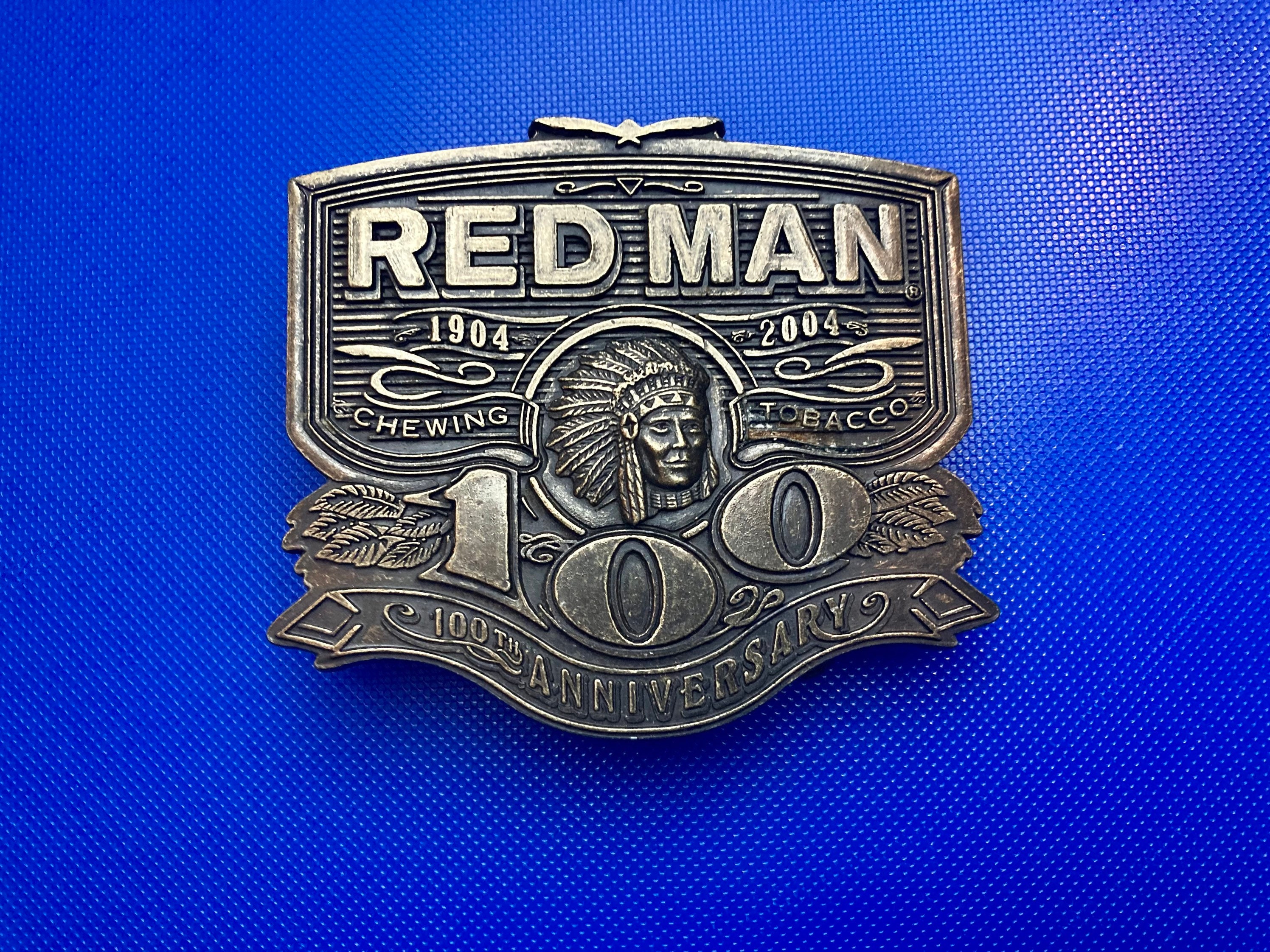 Vintage Red Man Chewing Tobacco 100th Anniversary Belt Buckle Brass Indian Chief 