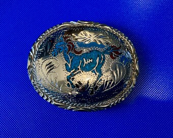 Turquoise And Silver Horse Belt Buckle