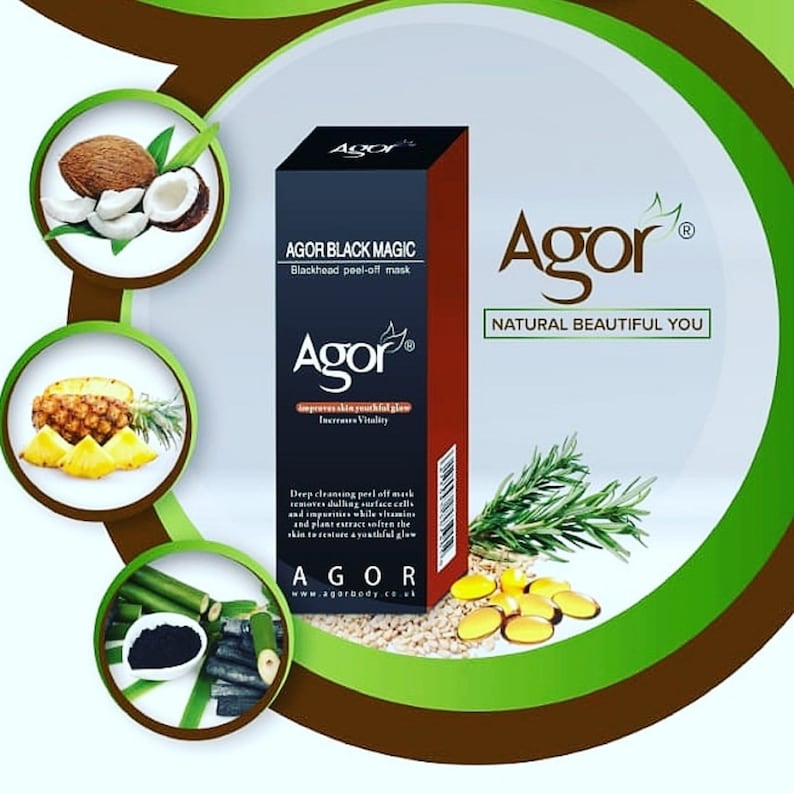 May include: A black and red tube of face mask with the text "AGOR BLACK MAGIC Blackhead peel-off mask" and "Agor" in a white circle. The text "NATURAL BEAUTIFUL YOU" is in a white circle with a black outline. The tube is surrounded by images of pineapple, coconut, bamboo, and rosemary.