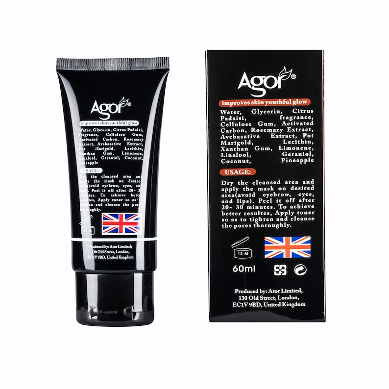 May include: Black and white tube of Agor face mask with the text "improves skin youthful glow" and a list of ingredients. The back of the tube shows instructions for use and a list of ingredients. The tube is 60 ml.