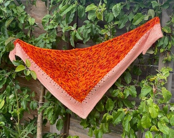 Large triangular hand knit shawl orange & peach