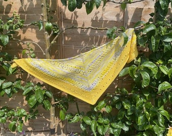 Large triangular hand knit shawl yellow