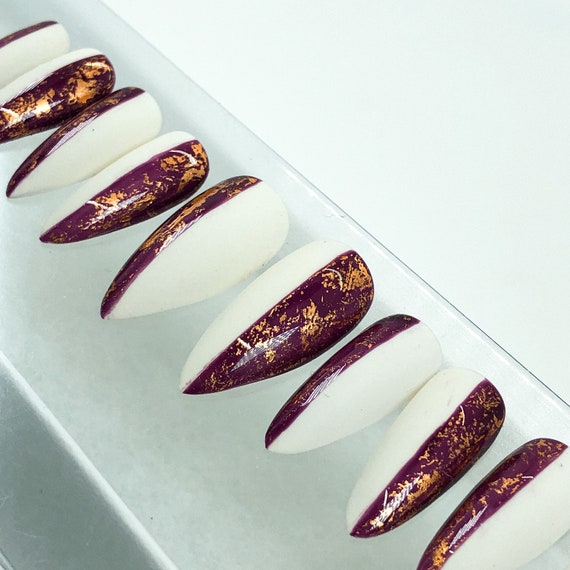 Burgundy and Gold Nails Press On 