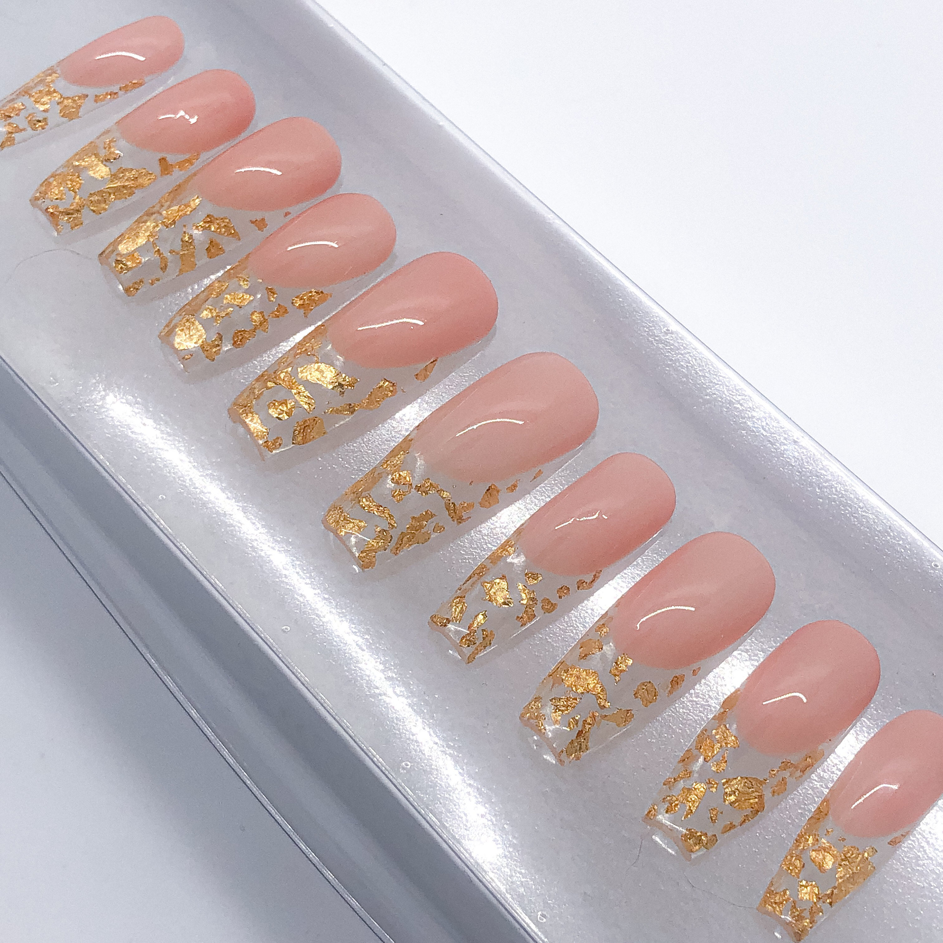 Luxury Wedding Nails Blush Pink With Gold Foil Flakes and Bubble Clear Tips  Press on Nails Set of 10 
