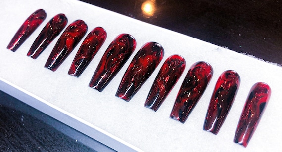 Red and Black Marble Foil Nails Red and Black Nails - Etsy