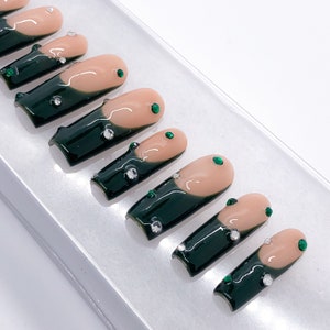 Emerald french tip | green french tip nails | green nails | green bling nails | bling nails | quality press on nails