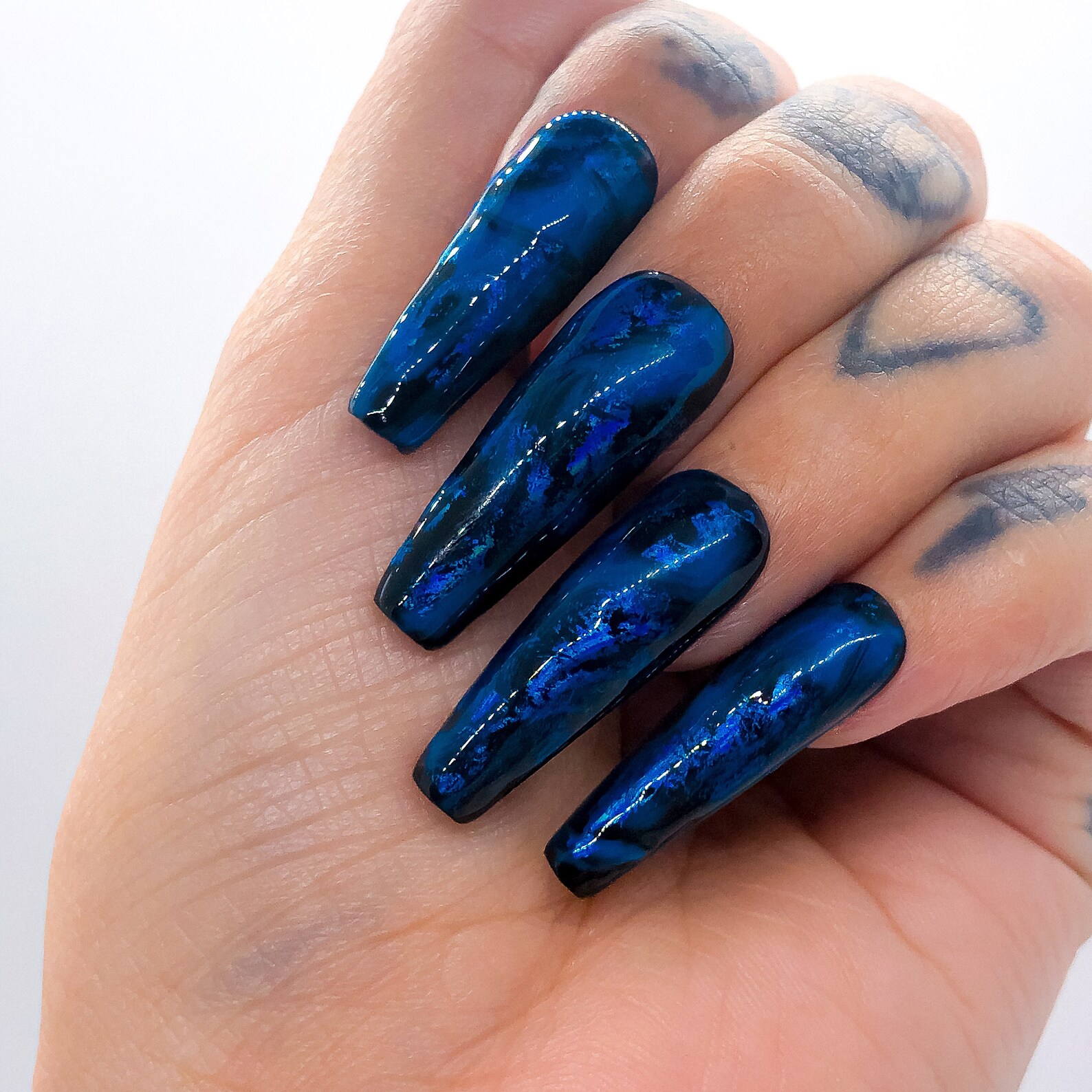 Black and Blue Nails Blue Marble Nails Blue Nails Blue Etsy