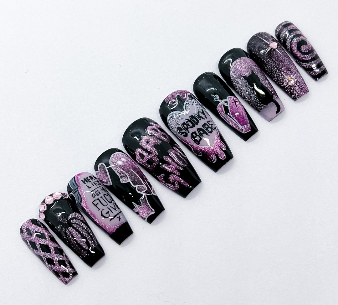 Spooky Nails Halloween Nails Spooky Vibes Pink and Black Nails Pink