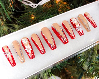 Christmas nails | red press on nails | Christmas press on nails | holiday press on nails | snowflake press on nails | red French tip