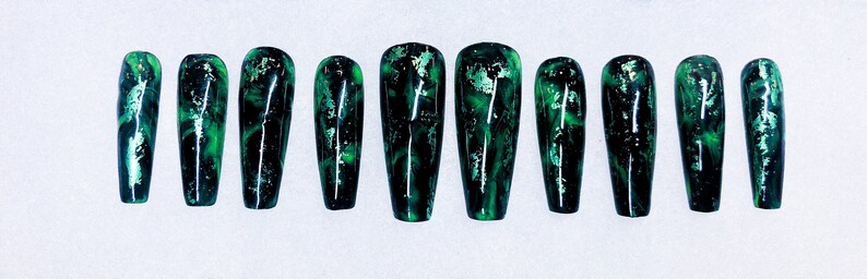 Green and Black Marble Foil Nails Green and Black Nails - Etsy