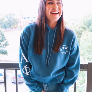 Any sorority Smiley Face with sleeve - ADPI Alpha Phi Kappa Delta Zeta Chi Omega AXO Kappa Kappa Gamma AGD sdt kkg alpha xi aoii gphi dphie