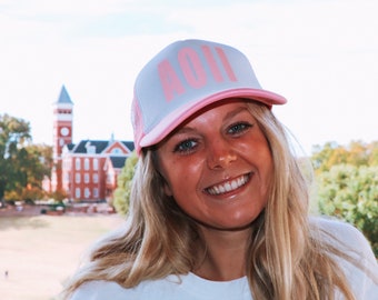 Any Sorority Trucker Hat in pink orange green or blue chi omega sdt kkgi aoii gphi dphie zta tri delta adpi zeta tau alpha kappa kappa gamma