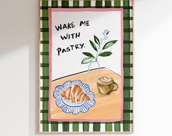 Kaffee und Croissant, Gebäck Print, Küchen Print, Keramik Teller, Küchen Wand Kunst, Schachbrett Dekor, Esszimmer Art