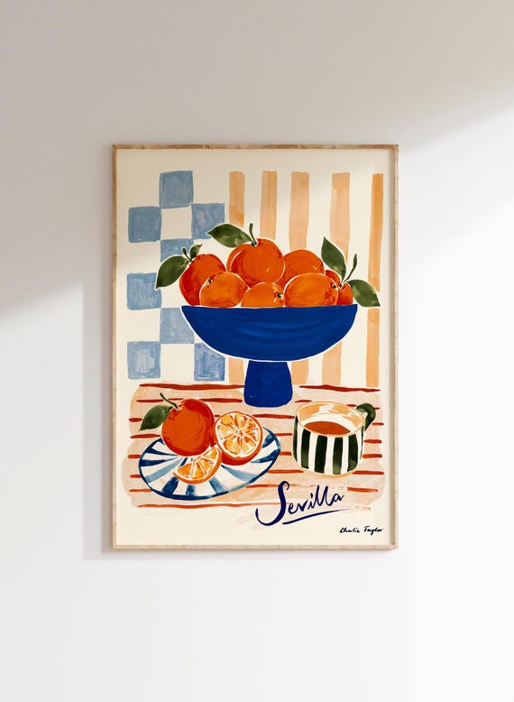 Seville oranges, Breakfast Print, Kitchen print, Ceramic plate, Kitchen Wall Art, Checkerboard, Dining Room Art, Coffee artwork, Fruit Bowl