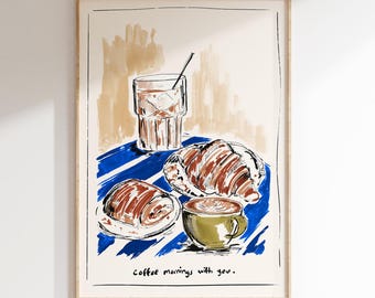 Coffee and croissant, Pastry Print, Kitchen print, Ceramic plate, Kitchen Wall Art, Checkerboard, Dining Room Art, Morning Coffee