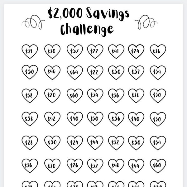 Printable 2000 Dollar Savings Challenge, Money Challenge, Savings Goal