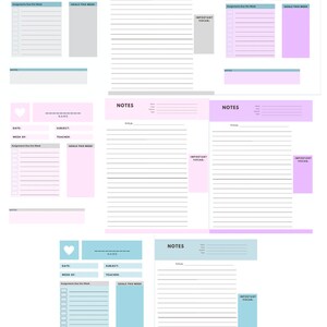 May include: Printable planner pages featuring a heart design in pink, blue and grey. Each page includes sections for notes, assignments, goals and important vocabulary.