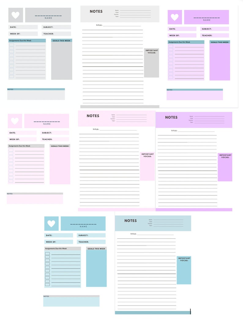 May include: Printable planner pages featuring a heart design in pink, blue and grey. Each page includes sections for notes, assignments, goals and important vocabulary.