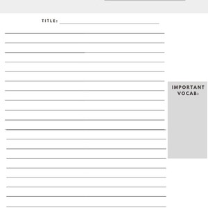 May include: A black and white printable notes page with the title "NOTES" at the top and the heading "TITLE" below. The page has lined spaces for writing notes and a section labelled "IMPORTANT VOCAB:" on the right side.