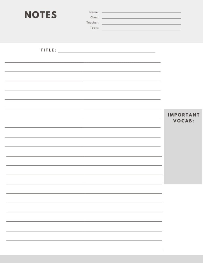 May include: A black and white printable notes page with the title "NOTES" at the top and the heading "TITLE" below. The page has lined spaces for writing notes and a section labelled "IMPORTANT VOCAB:" on the right side.
