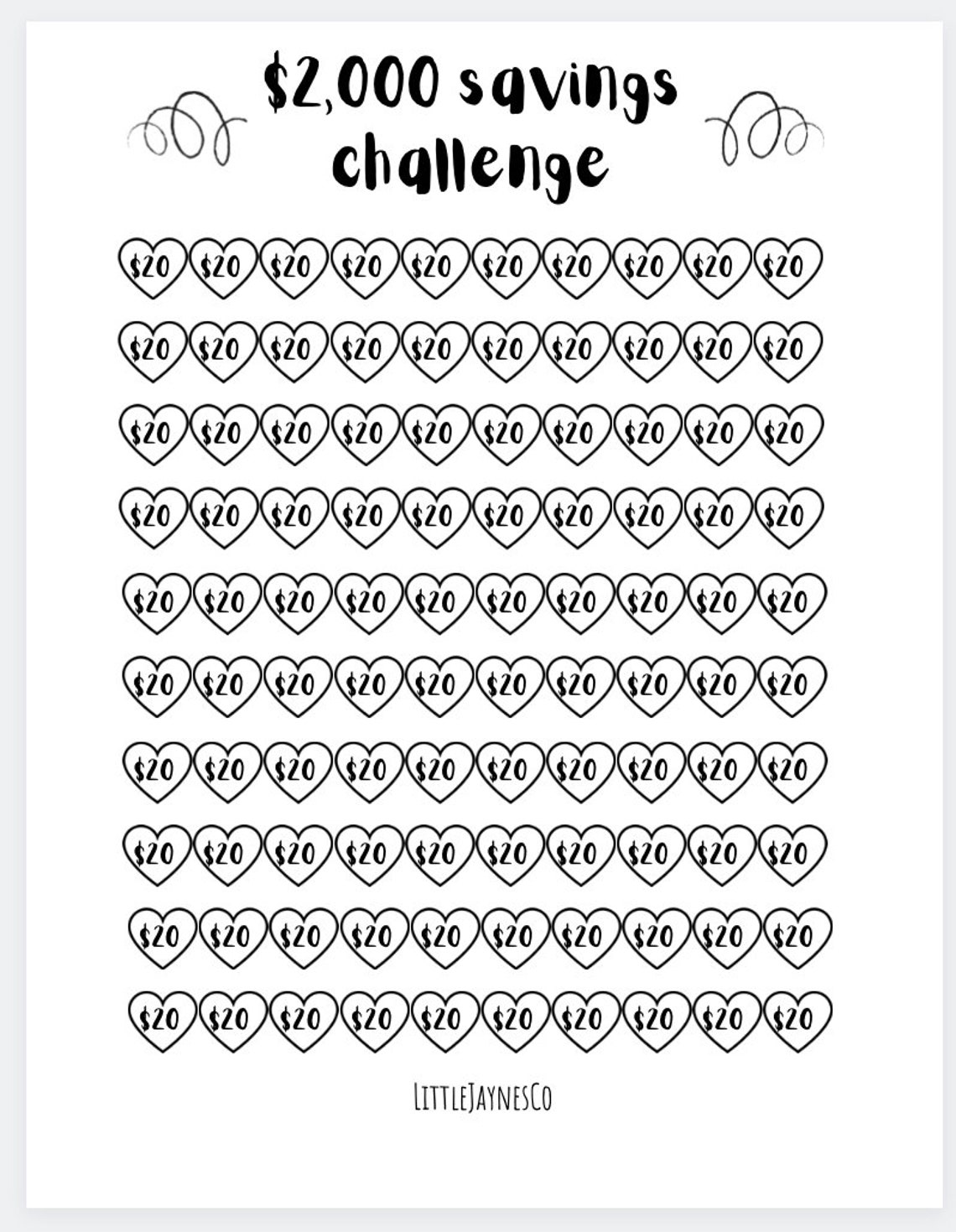 Printable 2000 Dollar Savings Challenge, Money Challenge, Savings Goal