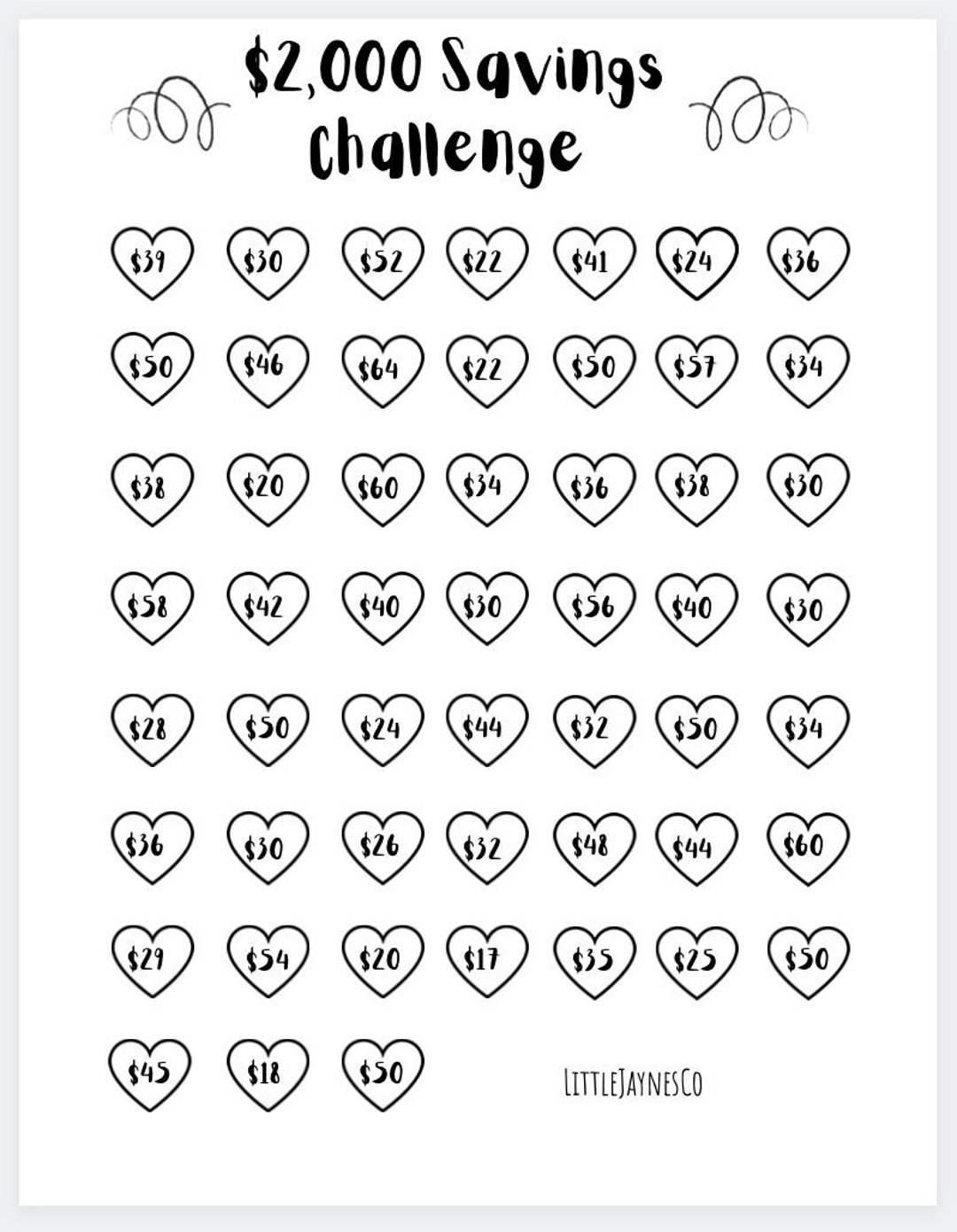 Printable 2000 Dollar Savings Challenge, Money Challenge, Savings Goal ...