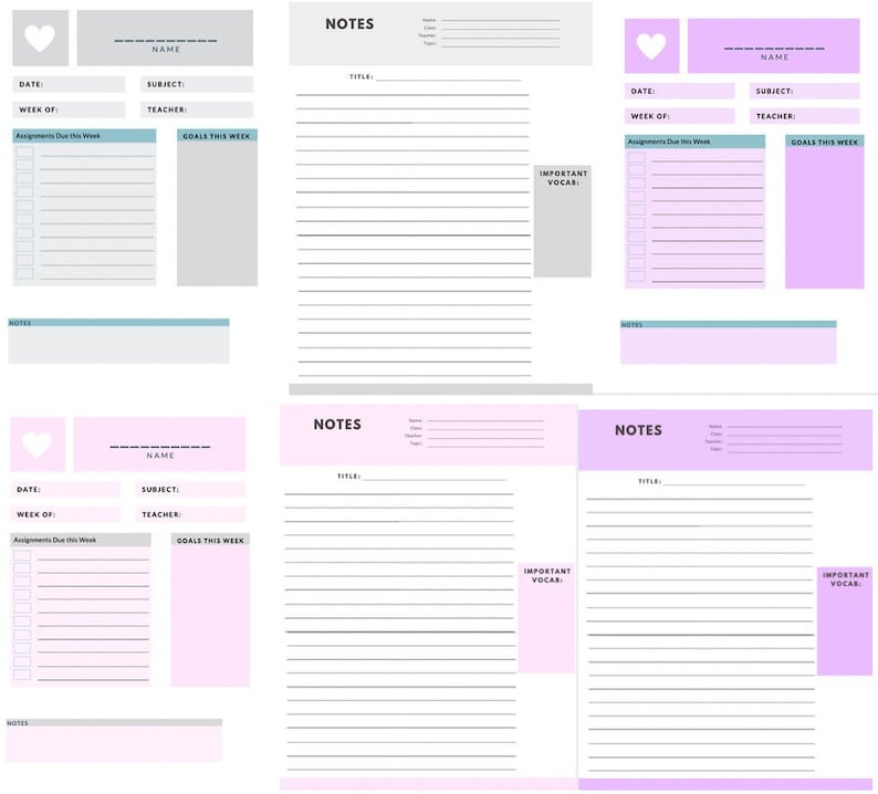 May include: Printable planner pages in a pink and grey colour scheme. The pages include sections for notes, goals, assignments, and important vocabulary. The pages are designed for students to use for school or personal planning.